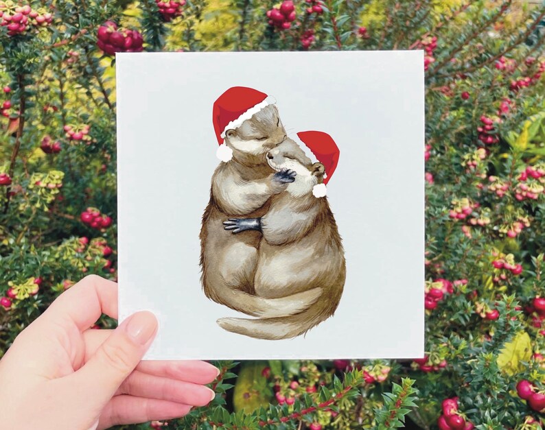 Otter Christmas Cards, Handmade, Cute Couple Romantic Otter Love Christmas Card Husband Wife image 1