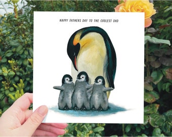 Penguin Fathers Day Greetings Card, with 3 Baby Penguins | Watercolour | Art | Birthday | Fathers Day Dad Pa Pops