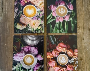 Juego de 4 postales con arte latte y flores, impresiones artísticas, fotos de café y flores, regalos por menos de 20, tarjetas de felicitación en blanco de Yuki Photography de 4 x 6