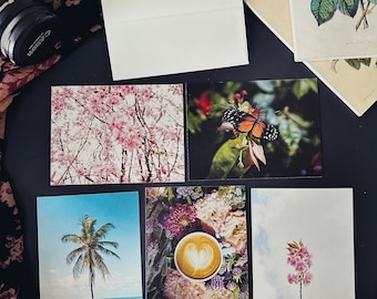 Yuki Photography Blank Greeting Cards/ Postcards. 4x5 Matte Photos. Set of 5 cards, 2 options. Coffee and Flowers. Coffee and Places.