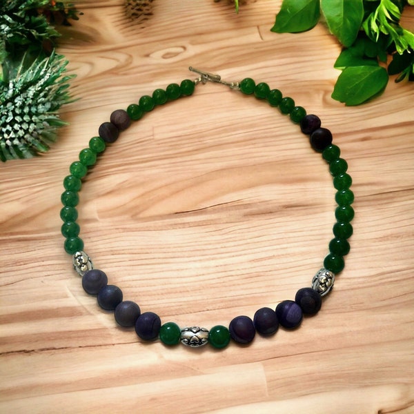 Purple Agate,19.5 Inch Semi Precious Round Purple Agate,Green Jade,Floral Design Silver Plated Oval and Round Beaded Necklace- Free Shipping