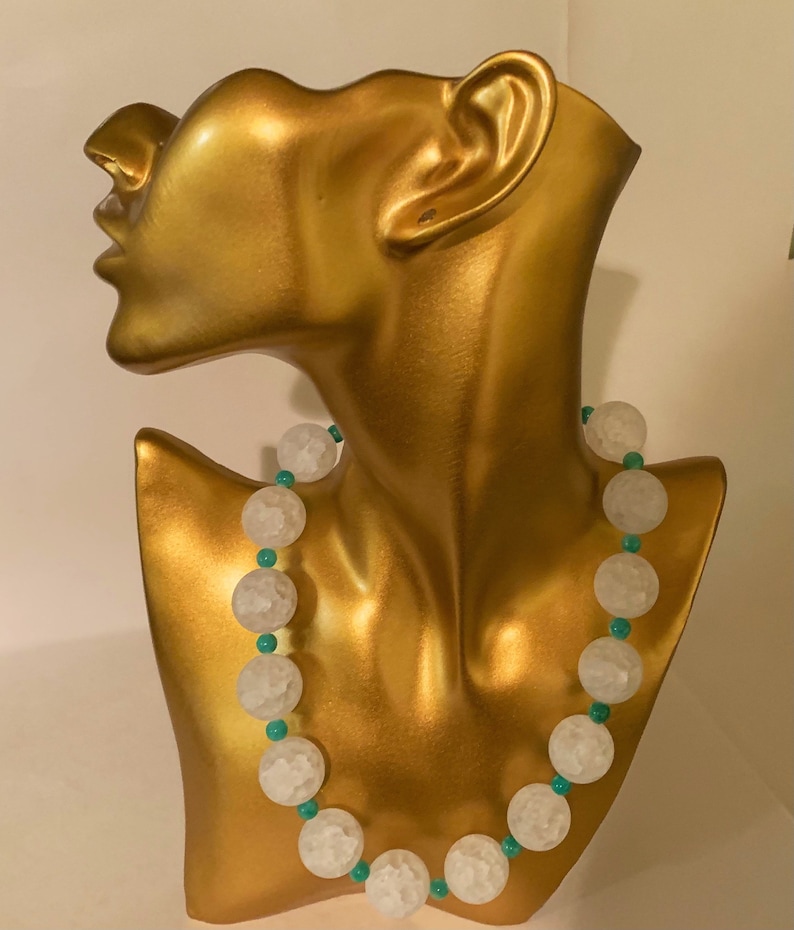 Gift For Her,Free Shipping Semi Precious White Crackle Round Quartz And Blue Aqua Semi Precious Beaded Necklace Beaded Necklace