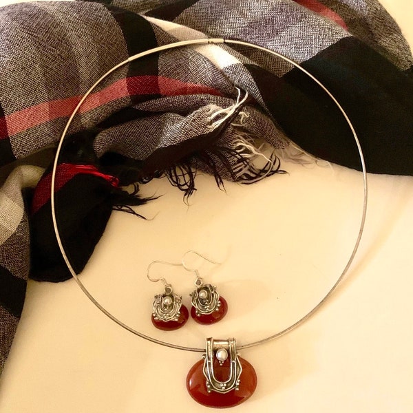 Sterling Silver Cable Neck Wire, .925 Sterling Silver Semi Precious Carnelian, Freshwater Pearl Pendant,Earring Jewelry Set - Gift for her