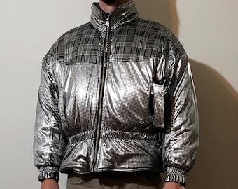 silver/metallic 1980s puffer space age REVERSIBLE jacket coat womens small