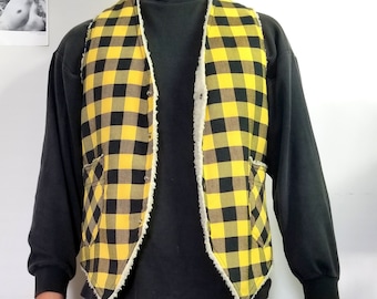 vintage 1970s made in USA yellow black plaid faux wool lined vest Farah Jeans