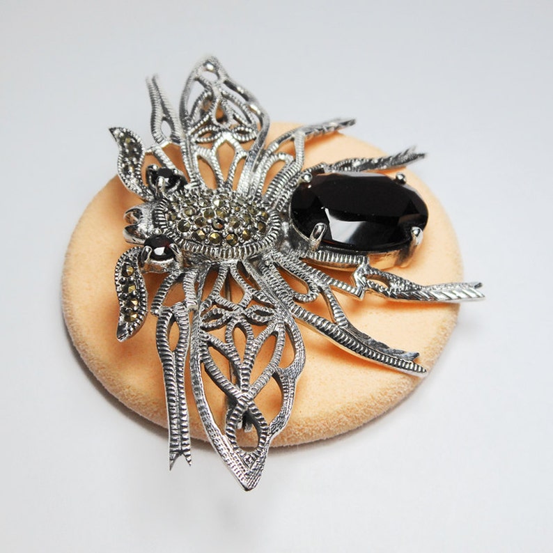 Ladies Brooch B06G Holiday Gifts for Her Spider Brooch Sterling Silver Spider Brooch Silver and Marcasite Pin Brooch Garnet Spider Pin