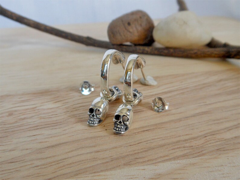 Unisex Jewelry Men Silver Skull Hoop Earrings Alien Skull Oxidized Earrings Sterling Silver Hoop Earrings Silver Halloween Earrings