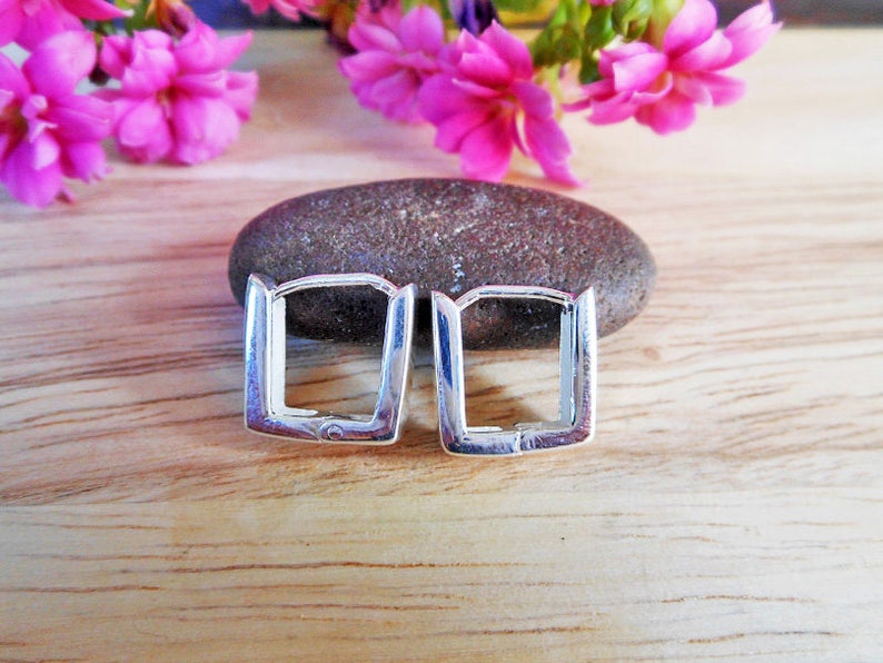 925 Sterling Silver Earrings Unisex Earrings Gifts For Unisex Square Hoop Earrings Hug Earrings Silver Flat Square Earrings 4mm Wide