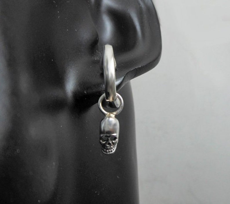 Unisex Jewelry Men Silver Skull Hoop Earrings Alien Skull Oxidized Earrings Sterling Silver Hoop Earrings Silver Halloween Earrings