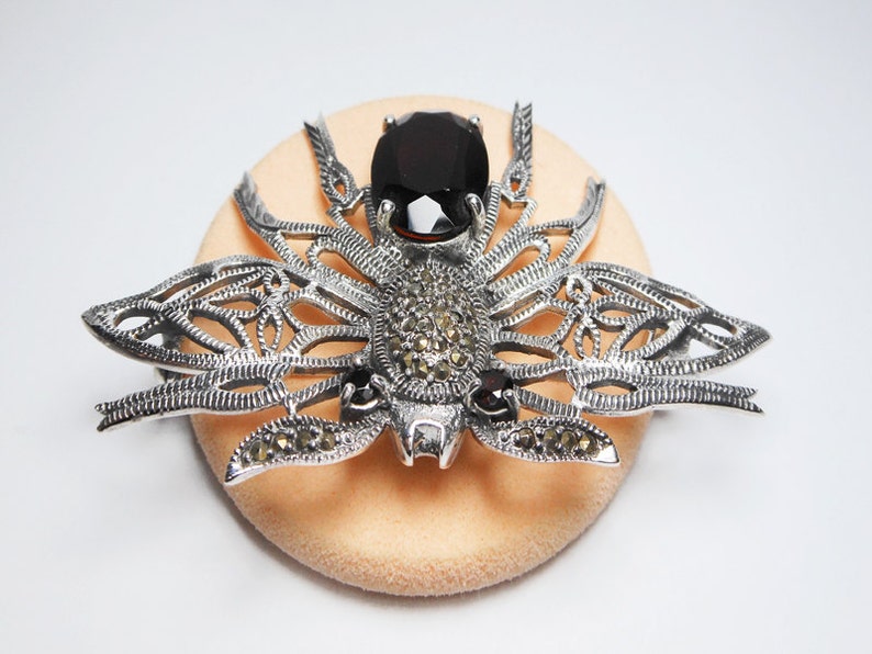 Ladies Brooch B06G Holiday Gifts for Her Spider Brooch Sterling Silver Spider Brooch Silver and Marcasite Pin Brooch Garnet Spider Pin