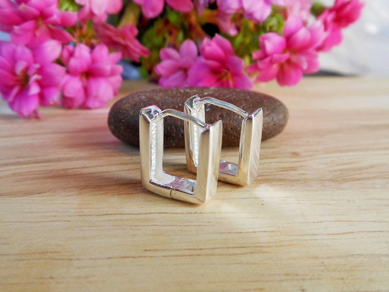 925 Sterling Silver Earrings Unisex Earrings Gifts For Unisex Square Hoop Earrings Hug Earrings Silver Flat Square Earrings 4mm Wide