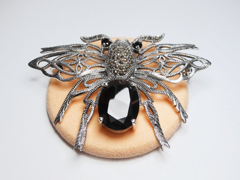 Ladies Brooch B06G Holiday Gifts for Her Spider Brooch Sterling Silver Spider Brooch Silver and Marcasite Pin Brooch Garnet Spider Pin