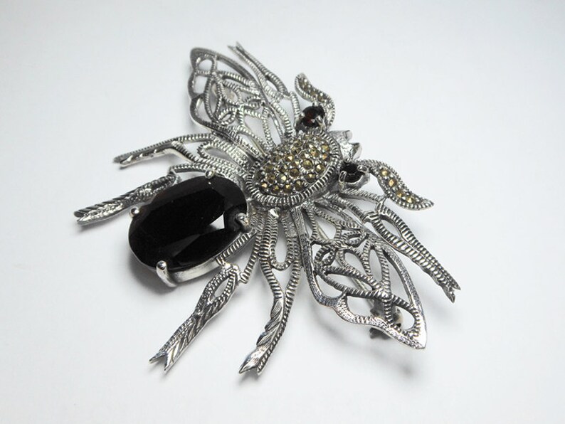 Ladies Brooch B06G Holiday Gifts for Her Spider Brooch Sterling Silver Spider Brooch Silver and Marcasite Pin Brooch Garnet Spider Pin
