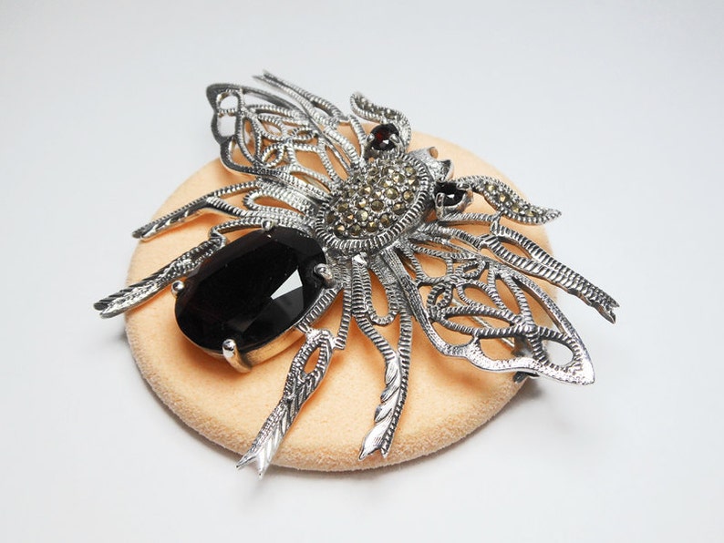 Ladies Brooch B06G Holiday Gifts for Her Spider Brooch Sterling Silver Spider Brooch Silver and Marcasite Pin Brooch Garnet Spider Pin