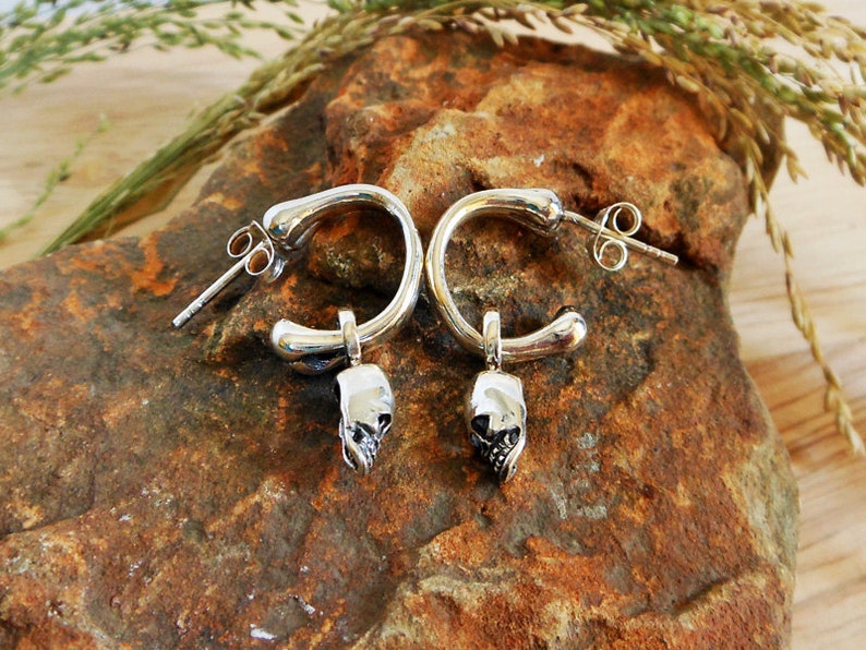 Unisex Jewelry Men Silver Skull Hoop Earrings Alien Skull Oxidized Earrings Sterling Silver Hoop Earrings Silver Halloween Earrings