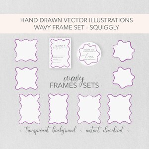 May include: Set of 8 wavy frame illustrations with a purple outline. The frames are in various shapes, including squares, circles, and stars. The text "MADDY'S Baby Shower" and "THANK YOU" are visible in the image.