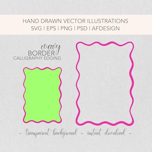May include: Two wavy border frames, one filled with a light green colour and the other empty. Both frames are pink and have a wavy, hand-drawn style. The text "wavy border calligraphy edging" is above the frames. The text "transparent background - instant download" is below the frames.