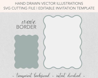 May include: A digital download of a wavy border SVG file. The image shows two examples of the border, one with a light blue fill and one with a white fill. The text "wave border" is written in cursive above the borders. The text "transparent background - instant download" is written below the borders.