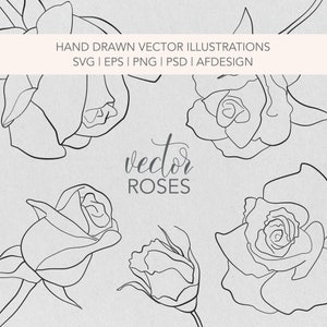 Vector Fine Line Editable Roses SVG Drawings | 5 Individual Files SVG | Transparent Background | Wedding Stationery Illustration |