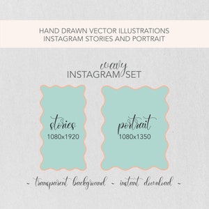 May include: Two wavy, light blue Instagram story templates with a peach border. The left template says "stories" and has the dimensions 1080x1920. The right template says "portrait" and has the dimensions 1080x1350.