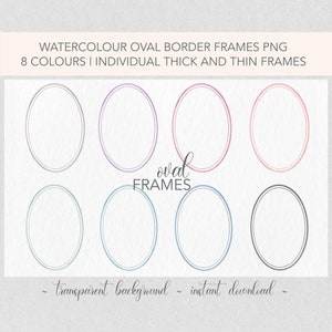 Molduras de borda oval aquarela com 8 bordas | Arquivos PNG | Papelaria para casamento, aniversário, batismo, evento de batizado | Conjuntos individuais grossos e finos |