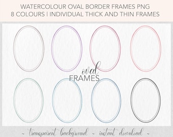 Può includere: Otto cornici ovali ad acquerello in diversi colori, tra cui rosa, viola, blu, verde e grigio. Le cornici sono individuali, alcune sono spesse e altre sottili. Il testo "oval frames" è scritto in corsivo sotto le cornici. Il testo "transparent background - instant download -" è scritto sotto le cornici.