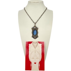 VINTAGE ART DECO Czech Blue Faceted Glass Enamel Filigree Pendant Necklace *Free Shipping*