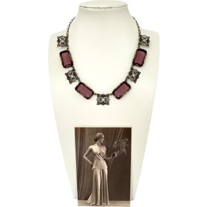 VINTAGE ART DECO Czech Purple Faceted Glass Filigree Necklace *Free Shipping*