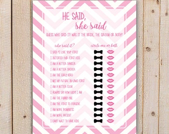 He Said, She Said Bridal Shower Game - Pink Chevron DIY INSTANT DOWNLOAD