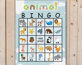 Animal Bingo Game with 20 unique Bingo cards and 45 large and small calling cards - Printable, INSTANT DOWNLOAD