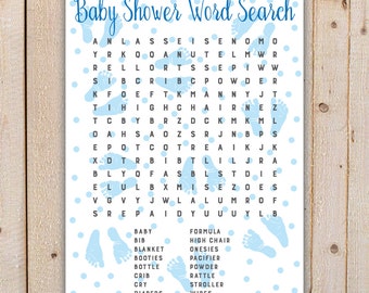 Baby Shower Word Search Game - Blue Baby Feet and Polka Dots INSTANT DOWNLOAD