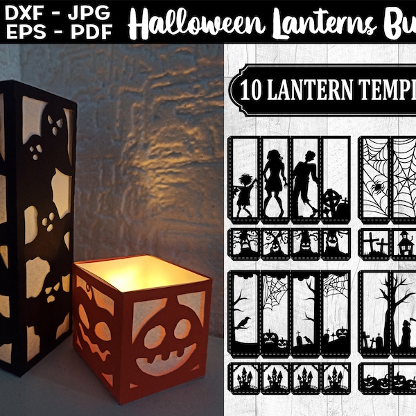 Halloween Lantern SVG Bundle, Halloween Lantern Template SVG, Primitive Halloween Lantern, Halloween Paper Candle Lantern