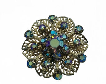 Flower and Crystal Gold Brooch