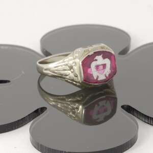 May include: A silver ring with a red stone set in a hexagonal shape. The stone has a white eagle design on it.