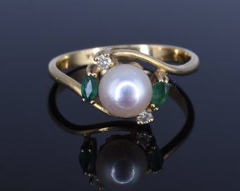 Natural Pearl Marquise Emerald & Diamond 18k Yellow Gold Bypass Ring