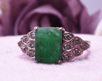 Natural 2.50 Carat Emerald & Diamond Accent 14k White Gold Vintage Ring