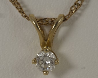 Vintage 14k Yellow Gold Round Brilliant Diamond Pendant on 22" Spiral Rope Chain