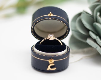 Luxury Antique Style Mini Ring Box ,Victorian Style Jewelry Box, Proposal Engagement Presentation Wedding Ring Box , Navy Blue Oval Shape