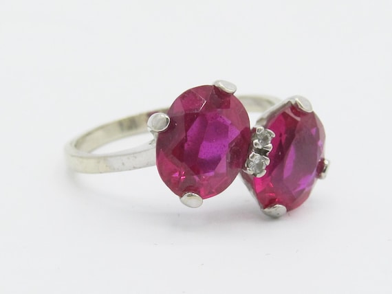 Vintage Two Stone Synthetic Ruby and Diamond Acce… - image 2