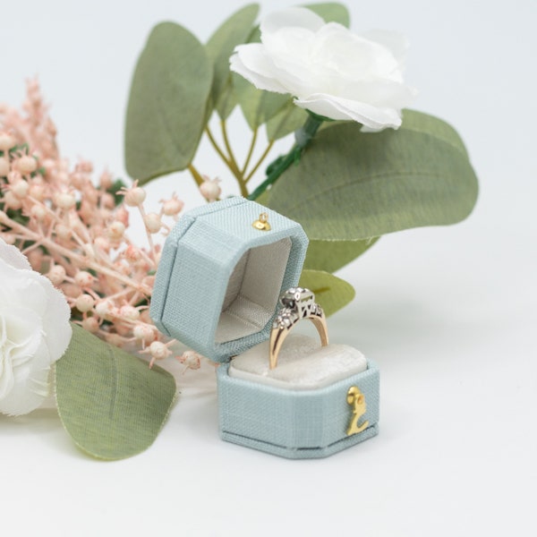 Baby Blue Antique Style Victorian Mini Square Octagon Shape Ring Box  LINNEN & VELVET Jewelry Box, Engagement Proposal Wedding Presentation