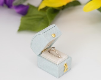 Baby Blue , Georgian Vintage Mini Rectangle Jewelry  Ring Box, Linen & Velvet Ring  Box, Proposal , Engagement, Wedding ,Presentation, Gift