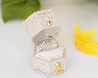 Whisper Gray Georgian Vintage Hexagon  Jewelry  Ring Box, Linen & Velvet Ring  Box, Proposal , Engagement, Wedding ,Presentation, Gift