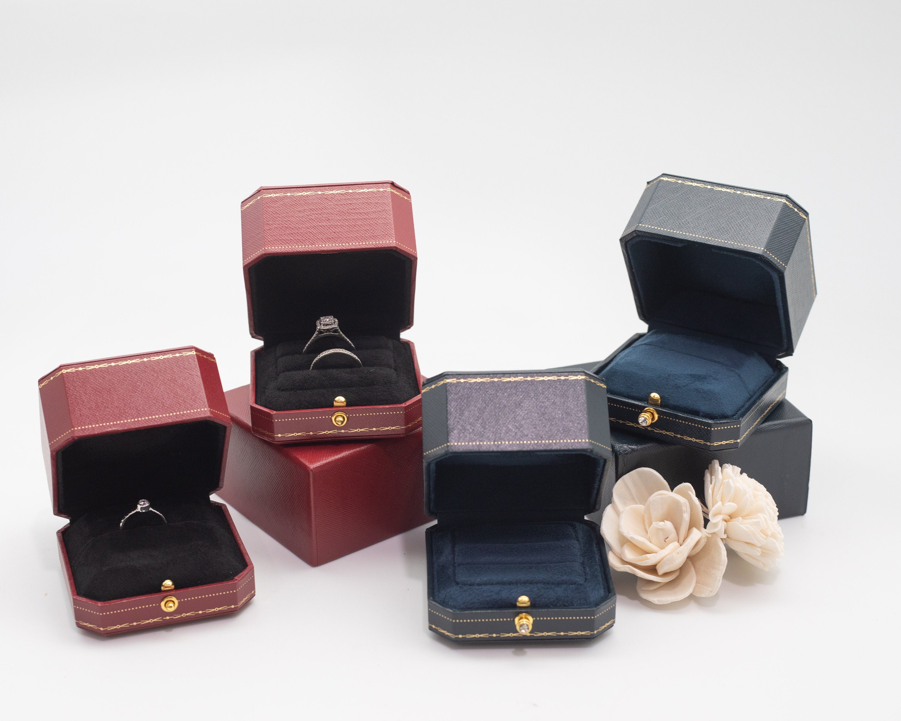 Luxury Red & Dark Navy Blue Single Ring Box , Jewelry Box