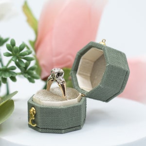 Forest Green Color Antique Style Victorian Mini Octagon Shape Ring Box  LINNEN  VELVET Jewelry Box, Engagement Proposal Wedding Presentation
