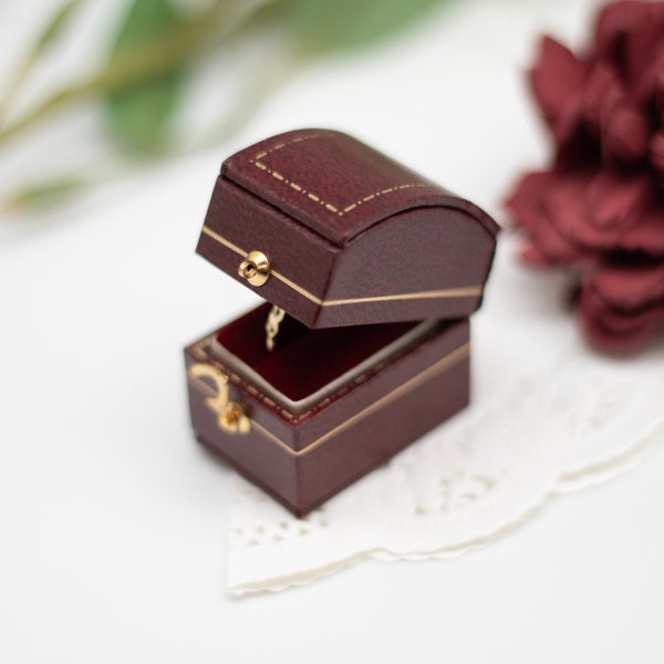 Luxury Antique Style Mini Ring Box ,Victorian Style Jewelry Box, Proposal Engagement Presentation Wedding Ring Box ,Burgundy Domed Rectangle