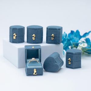 Blue Jean Georgian Antique Style Jewelry Ring Box Linen Velvet Ring Box Proposal Engagement Wedding Presentation  Heirloom  Anniversary Gift