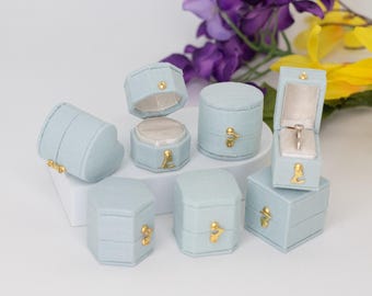 Baby Blue Georgian Antique Style Jewelry Ring Box Linen Velvet Ring Box  Proposal Engagement Wedding Presentation  Heirloom Gift