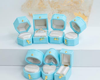 Hawaii Blue Georgian mini Antique Style Jewelry Ring Box Linen Velvet Ring Box Proposal Engagement Wedding Presentation Heirloom Birthday
