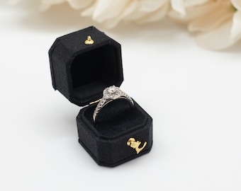 Antique Style Victorian Mini Radiant Square Shape Ring Box LINNEN & VELVET Jewelry Box, Black Color Engagement Proposal Wedding Presentation