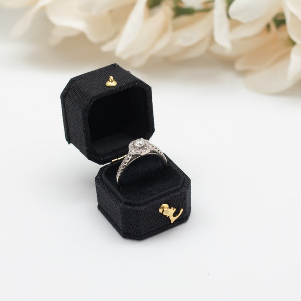 Antique Style Victorian Mini Radiant Square Shape Ring Box LINNEN & VELVET Jewelry Box, Black Color Engagement Proposal Wedding Presentation